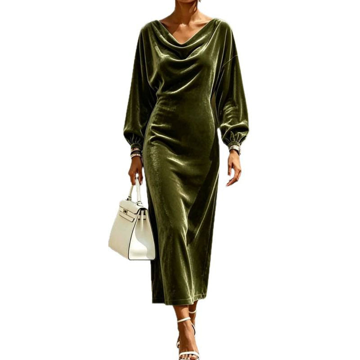 Damen Midikleid aus Samt mit drapiertem Wasserfallkragen und Ballonärmeln Drune