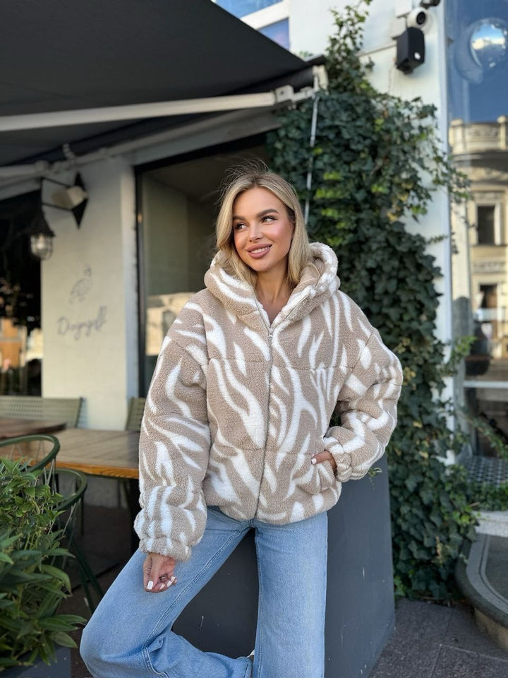 Damen Teddy-Fleece-Kapuzenjacke mit Reißverschluss, Steppnähten und weichem Zickzack-Muster Drune