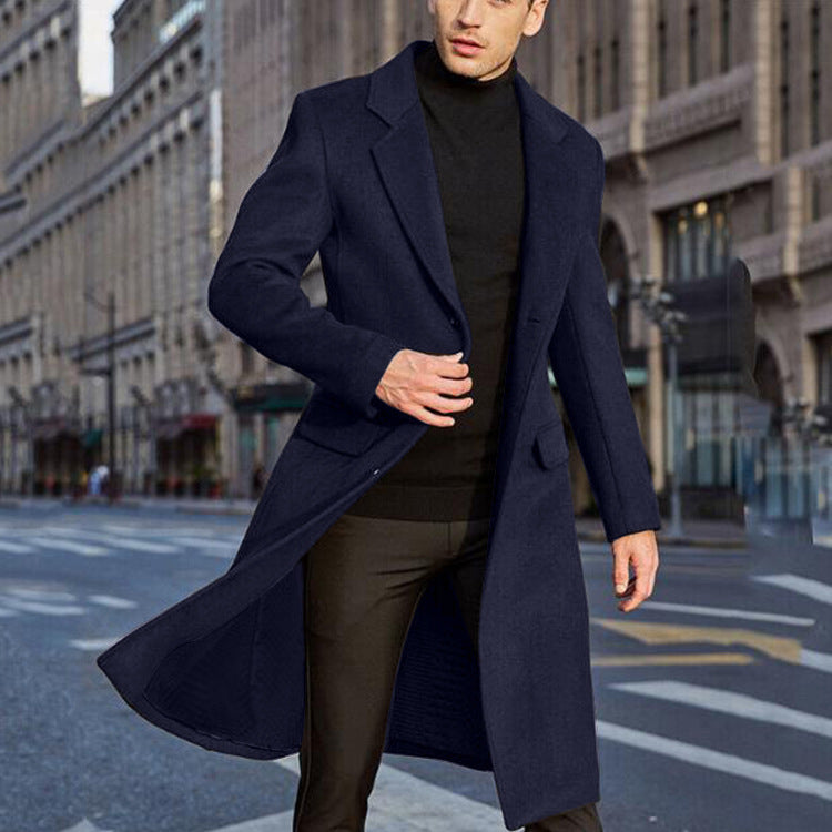 Herren Eleganter Longline-Mantel aus Wollmix mit schmaler Silhouette und Reverskragen Drune