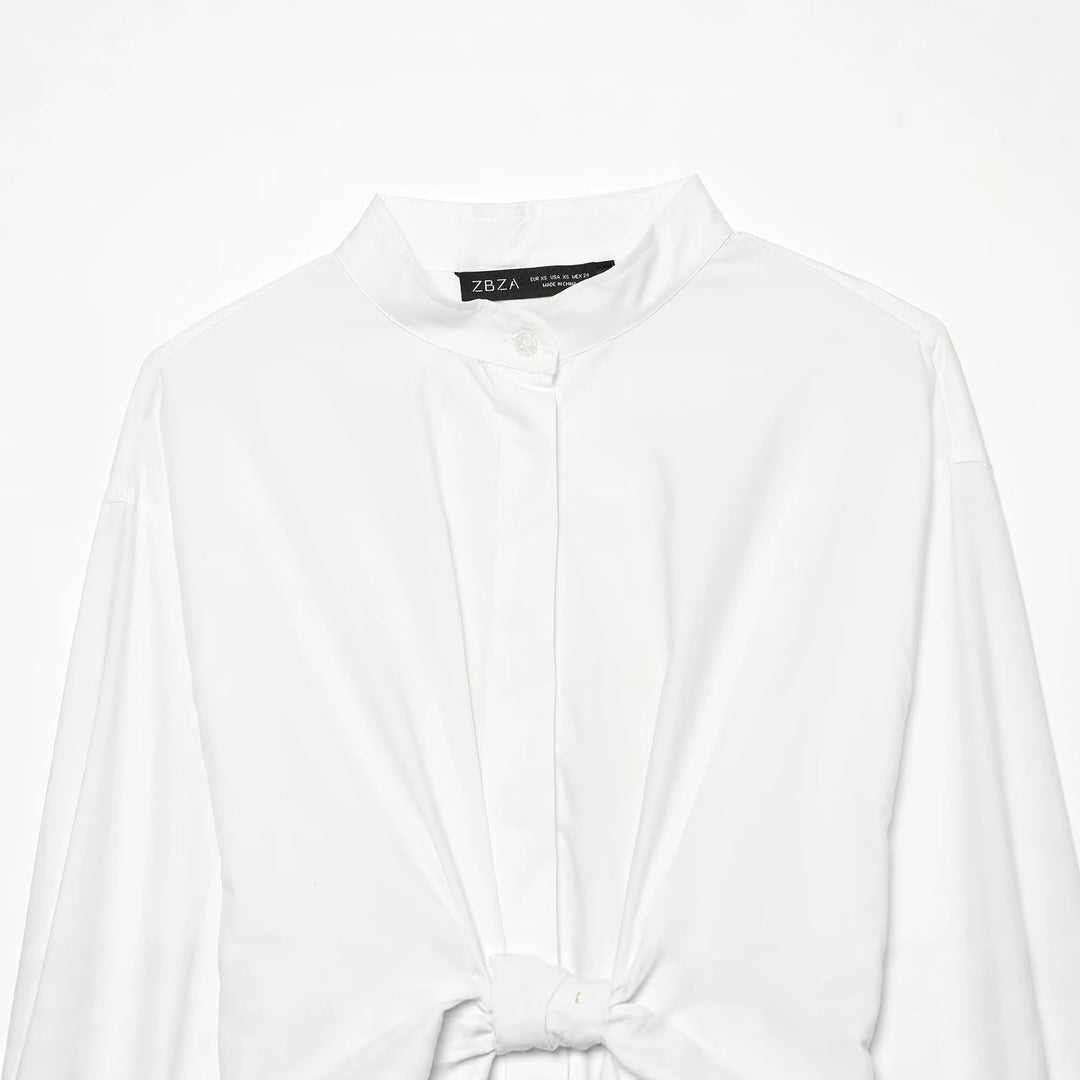 Damen Taillierte Cropped-Bluse mit Stehkragen, Schnürung und langen Manschetten Drune