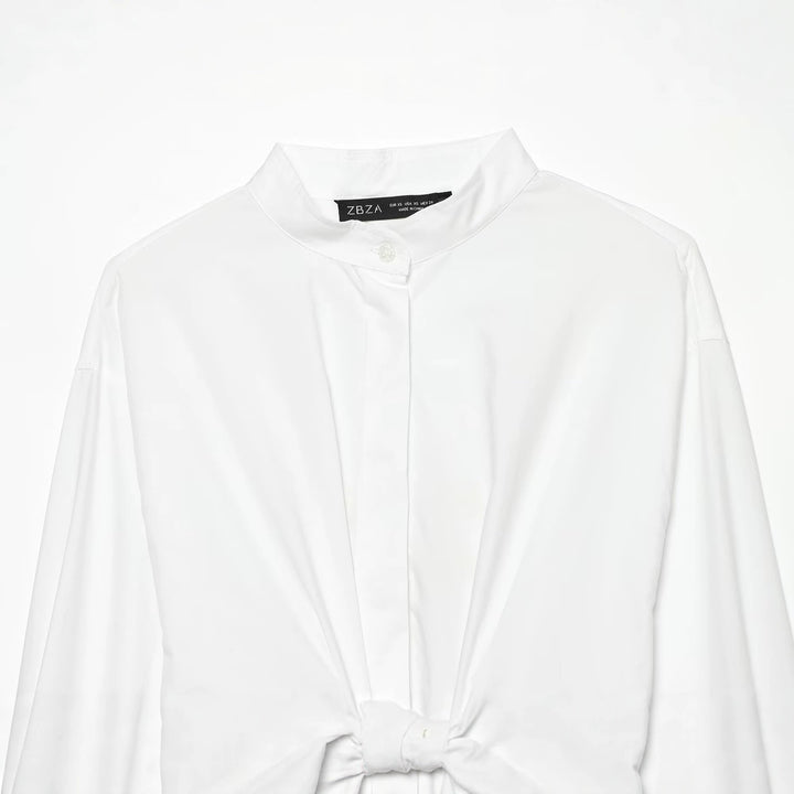 Damen Taillierte Cropped-Bluse mit Stehkragen, Schnürung und langen Manschetten Drune