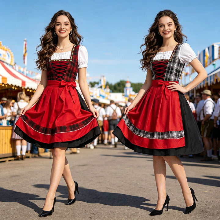 Damen nan traditionelles Dirndl Trachtenkleid mit geschnürtem Mieder und kurzem Puffärmel Drune