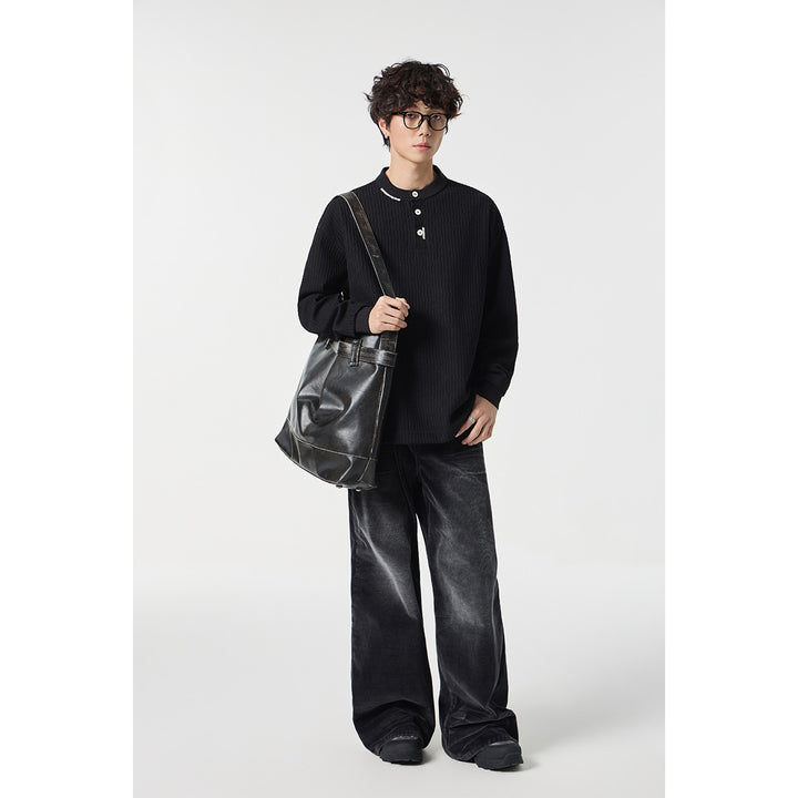 Unisex Gerippter Oversize-Henley-Pullover mit Knopfleiste Drune