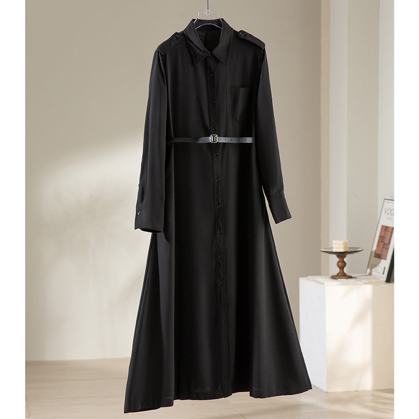 Damen Maxikleid als Hemdkleid mit Taillengürtel und Epauletten Drune