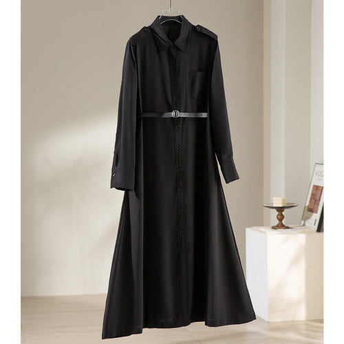 Damen Langes Hemdblusenkleid mit Taillengürtel, Schulterklappen und durchgehender Knopfleiste Drune