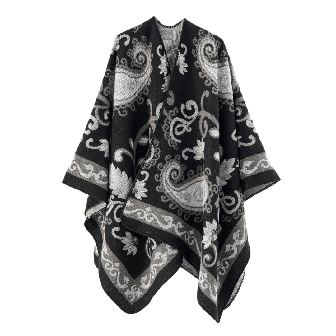 Damen Wollmix-Poncho-Umhang mit Paisley-Jacquard und Ziernaht Drune