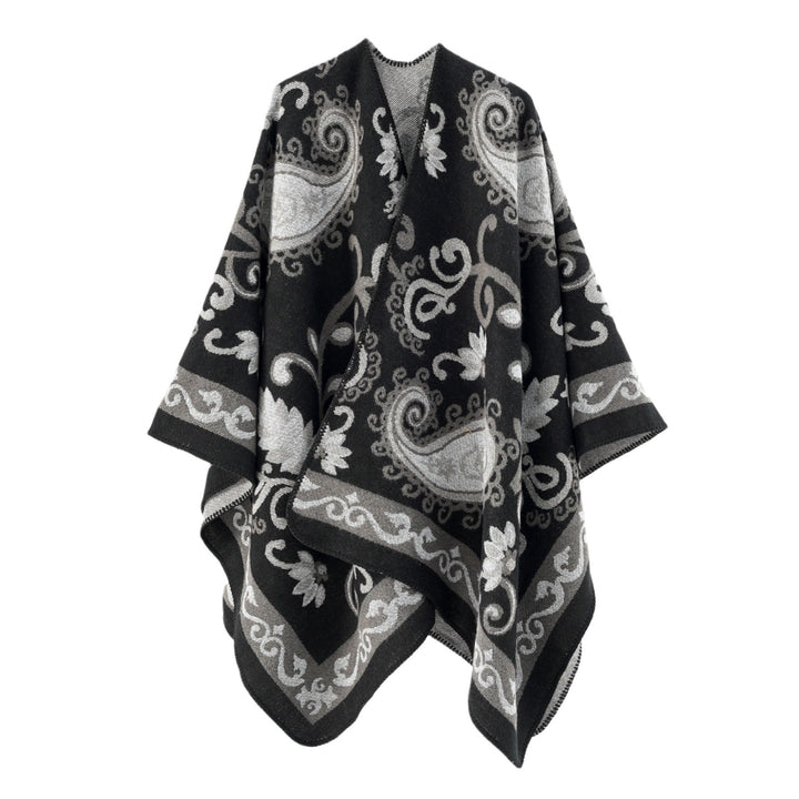 Damen Wollmix-Poncho-Umhang mit Paisley-Jacquard und Ziernaht Drune