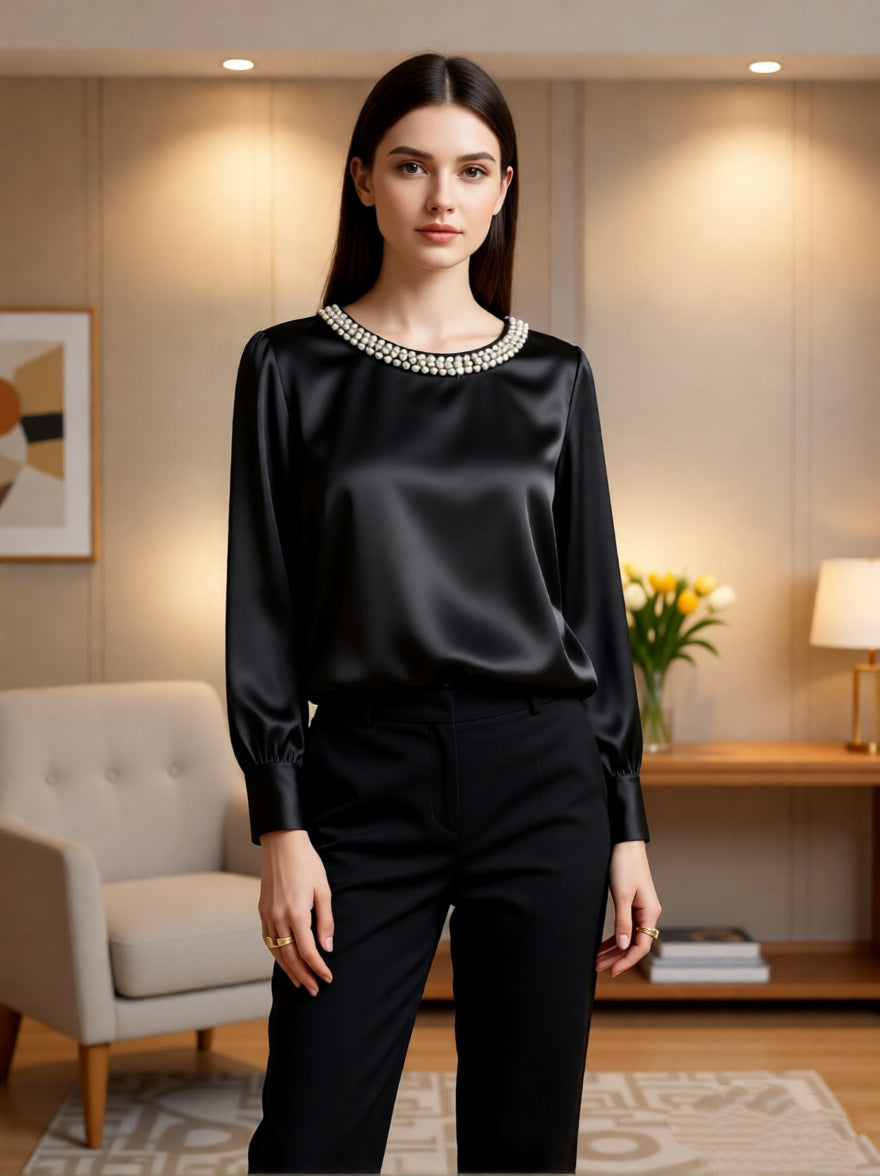Damen elegante satinierte Bluse mit Perlenkragen Drune