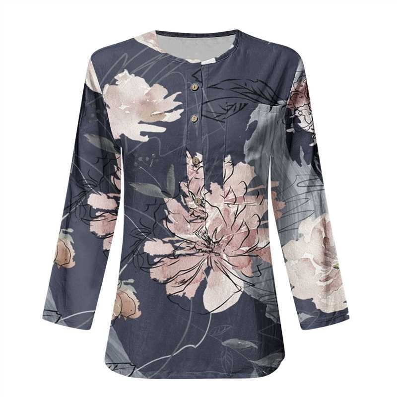 Damen Lange Ärmel Bluse mit Knopfleiste und Blumenmuster Drune