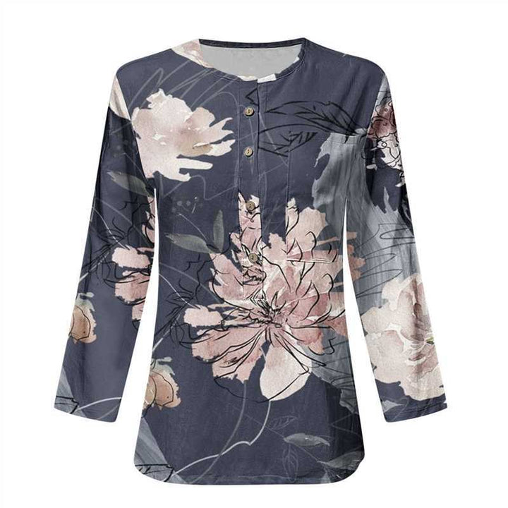 Damen Lange Ärmel Bluse mit Knopfleiste und Blumenmuster Drune