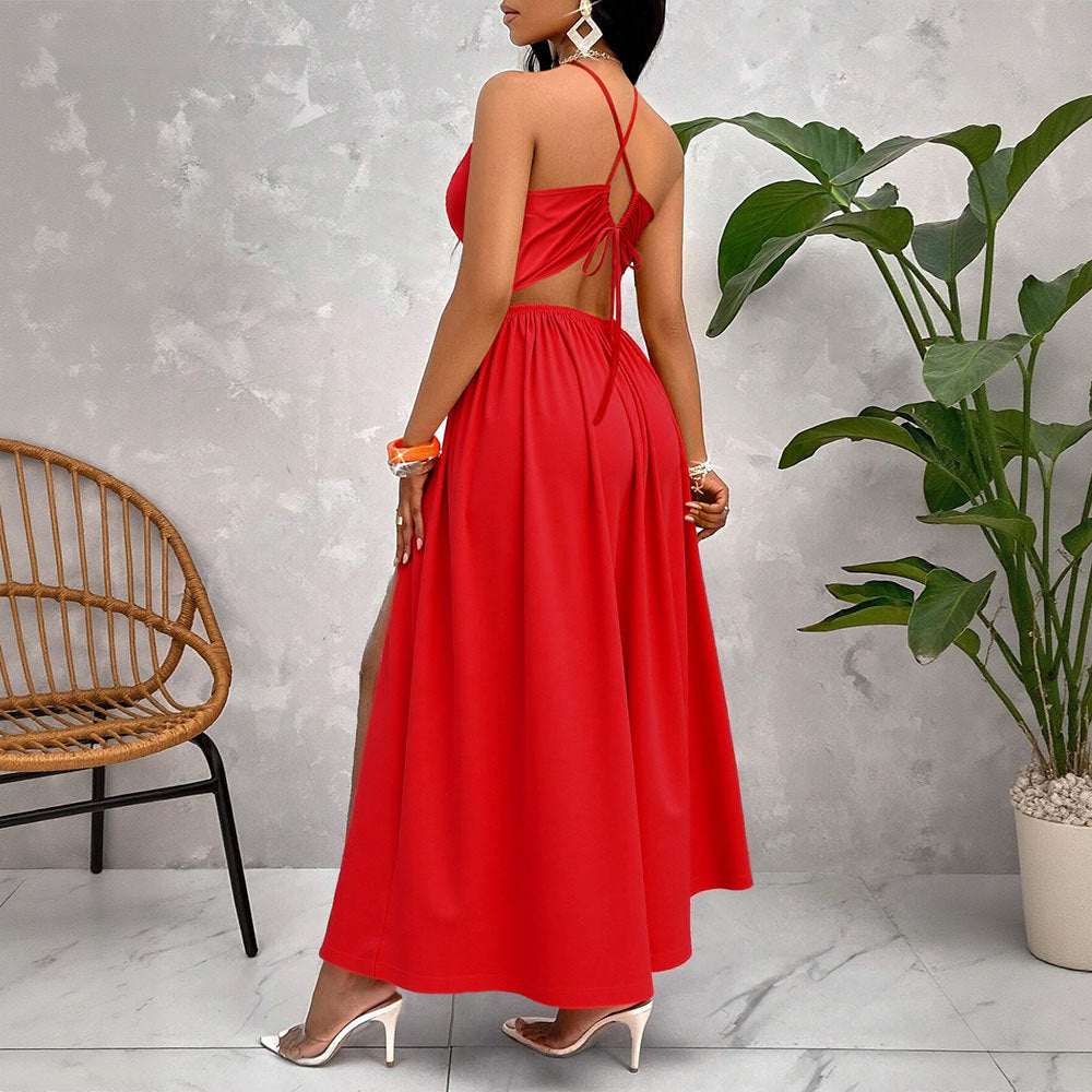 Damen Maxikleid mit tiefem V-Ausschnitt und seitlichem Schlitz Drune