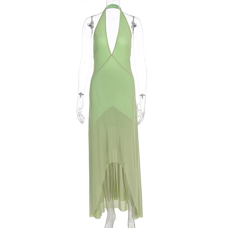 Damen elegantes Maxikleid mit tiefem V-Ausschnitt und transparentem Überwurf Drune