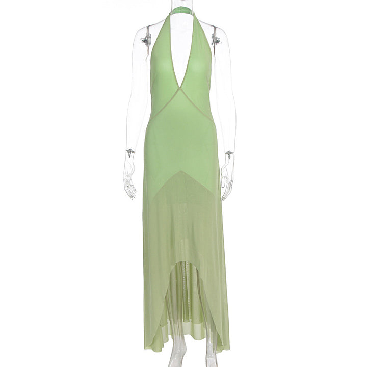 Damen elegantes Maxikleid mit tiefem V-Ausschnitt und transparentem Überwurf Drune