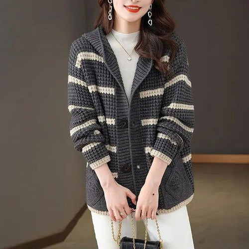 Damen Strickjacke mit Kapuze und dekorativem Karomuster Drune