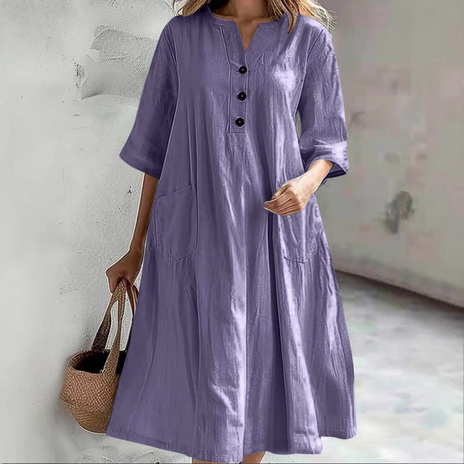 Damen lässiges Baumwollkleid mit Knopfleiste und praktischen Taschen Drune