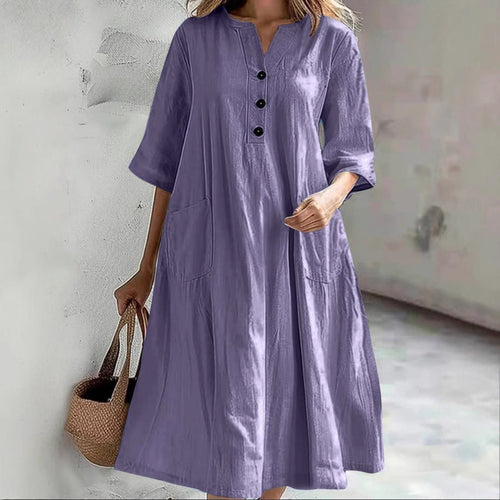 Damen lässiges Baumwollkleid mit Knopfleiste und praktischen Taschen Drune