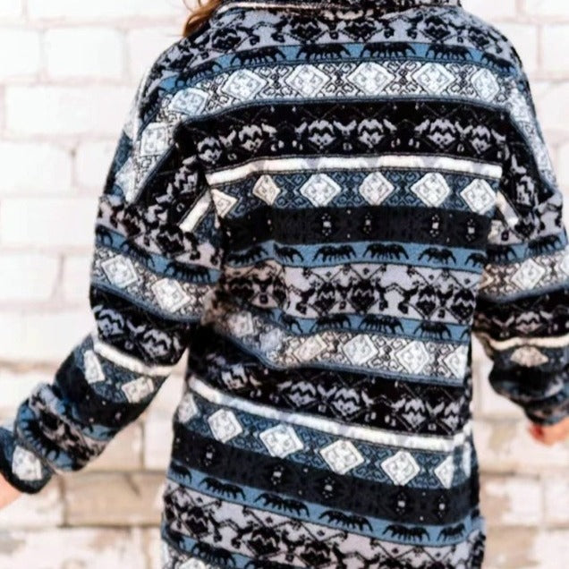 Damen Langärmlige Fleecejacke mit trendy Muster und Knopfleiste Drune
