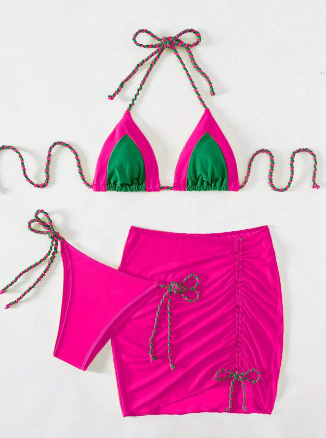 Damen Triangel-Bikini mit Wickelrock und Bänder Drune