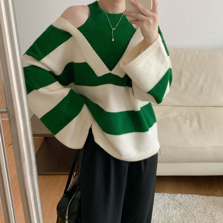 Damen Lässiger Pullover mit modernem Streifenmuster und Schulterfreischnitten Drune
