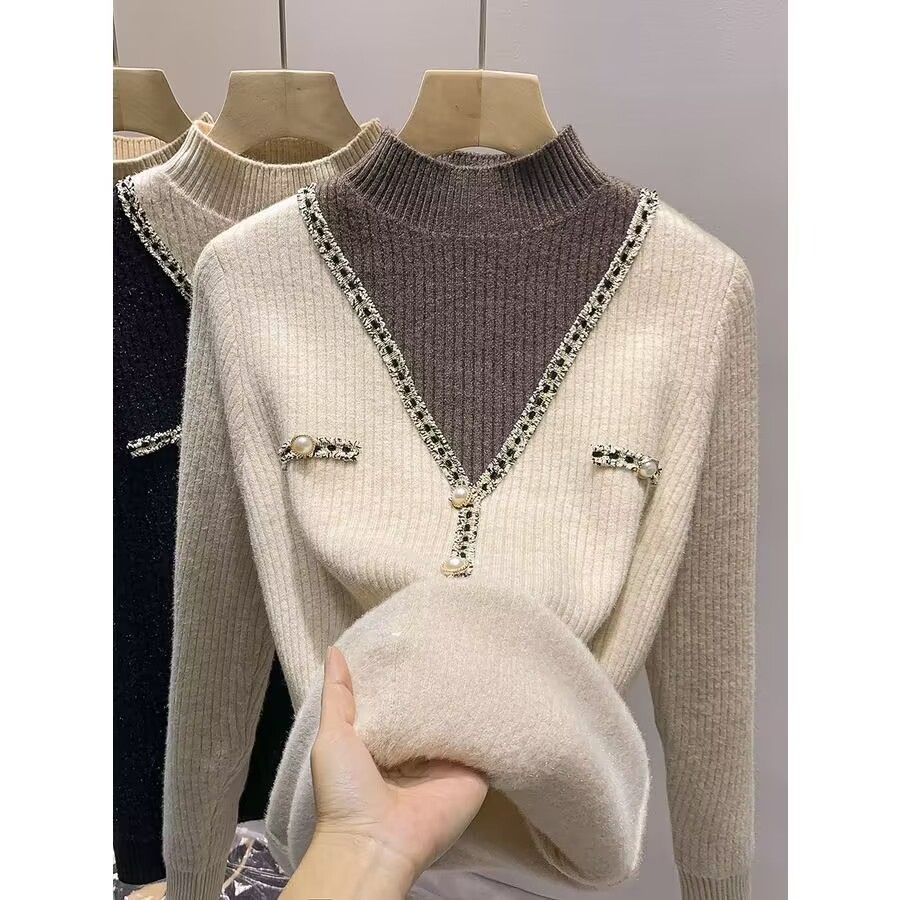 Damen modischer V-Pullover mit Schimmer-Details und Knöpfen Drune