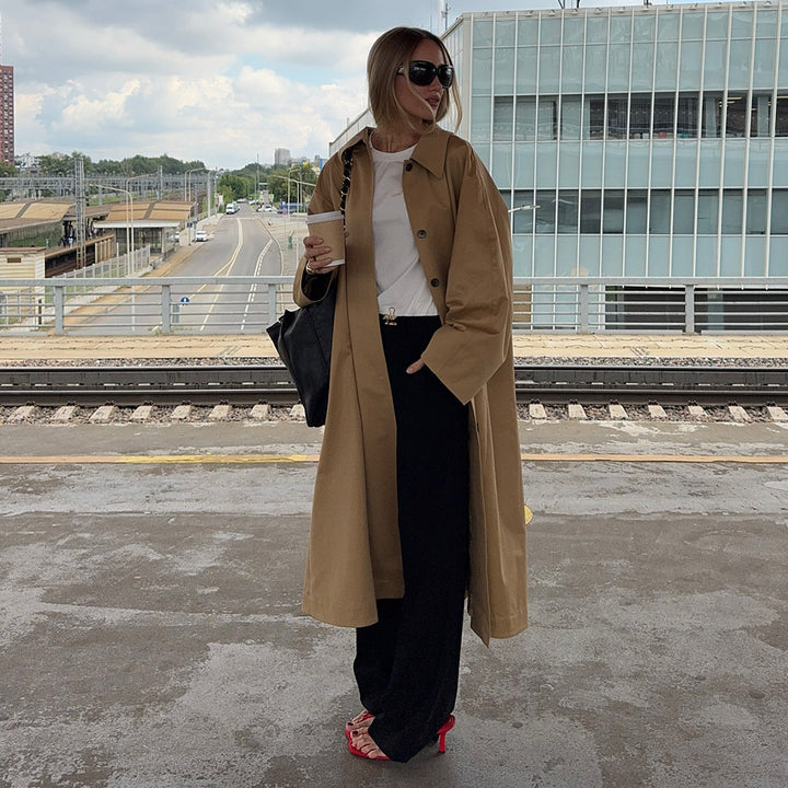 Damen Modischer Oversized-Trenchcoat mit breitem Kragen und Knopfleiste Drune