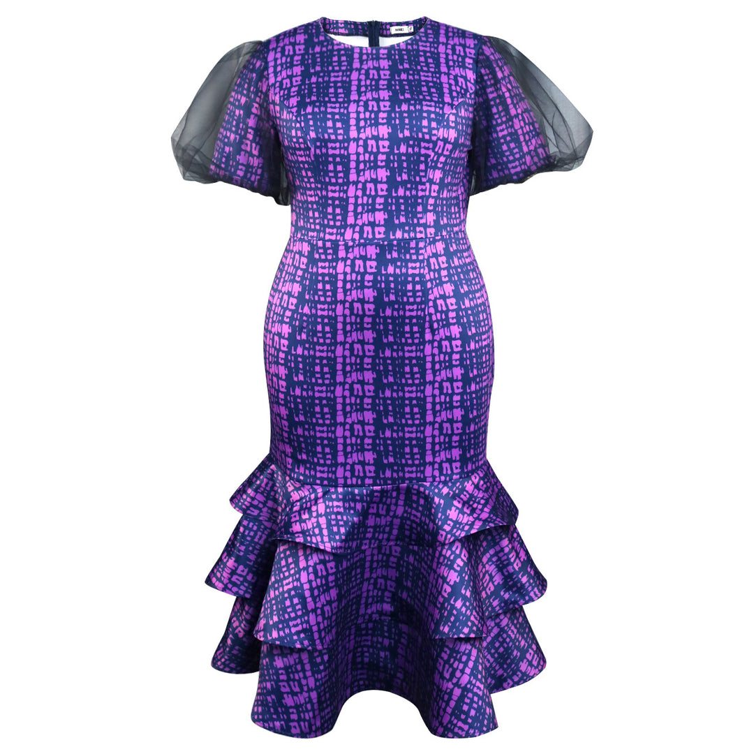Damen elegantes Abendkleid mit voluminösen Rüschenärmeln und strukturiertem Rock Drune