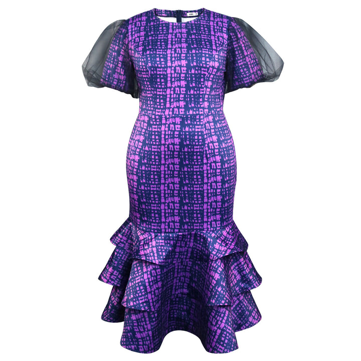 Damen elegantes Abendkleid mit voluminösen Rüschenärmeln und strukturiertem Rock Drune