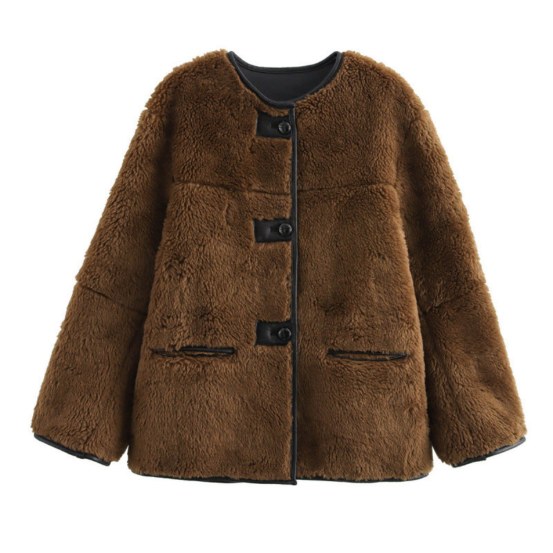 Damen Teddyjacke mit kontrastierenden Taschen und Knopfdetails Drune