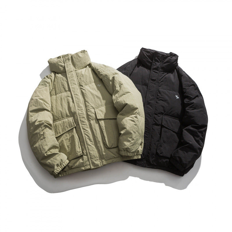 Unisex Oversize wattierte Steppjacke mit hohem Stehkragen, großen Pattentaschen und Crinkle-Effekt Drune