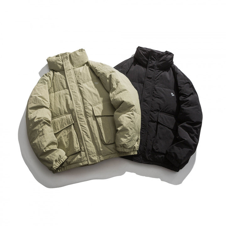 Unisex Oversize wattierte Steppjacke mit hohem Stehkragen, großen Pattentaschen und Crinkle-Effekt Drune