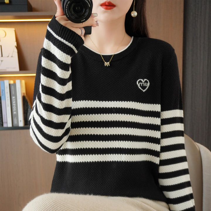 Damen Oversize-Strickpullover mit Wabenstruktur, kontrastierenden Streifen und dezentem Herzlogo Drune