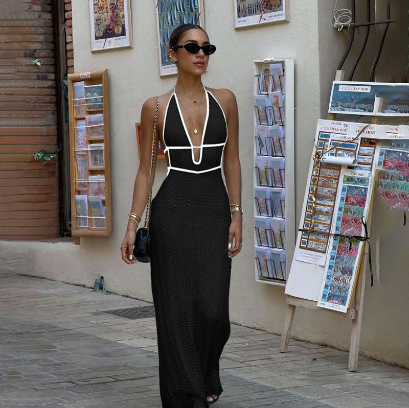 Damen Strick Maxikleid mit tiefem V-Ausschnitt und Bindebändern Drune
