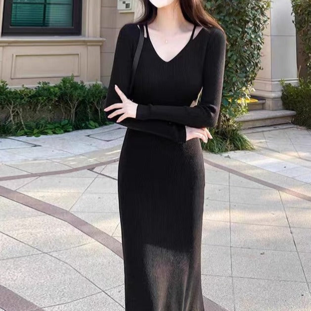 Damen elegantes Strickkleid mit V-Ausschnitt und schwingendem Rock Drune