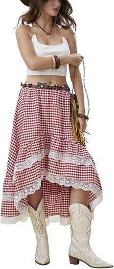 Damen Boho Maxi-Rock mit asymmetrischem Saum und Spitzenverzierungen Drune