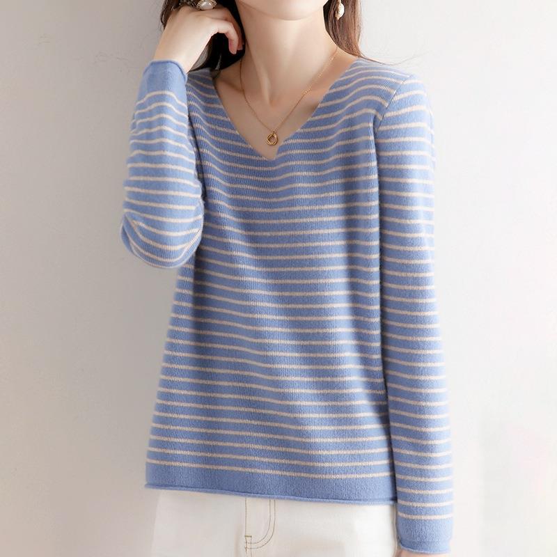 Damen Zarter Streifen-V‑Ausschnittpullover aus feinem Rippstrick mit weichem Fall Drune