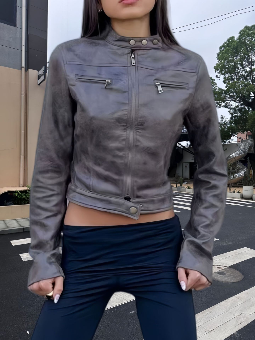 Damen trendige Bikerjacke aus hochwertigem Kunstleder Drune