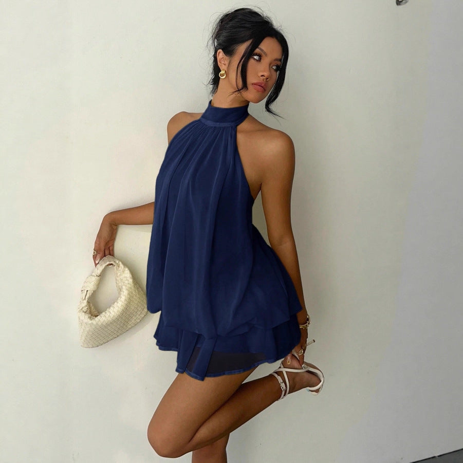 Damen Ärmelloser Chiffon-Playsuit mit hohem Stehkragen, gerafftem Oberteil und Stufen-Shorts Drune