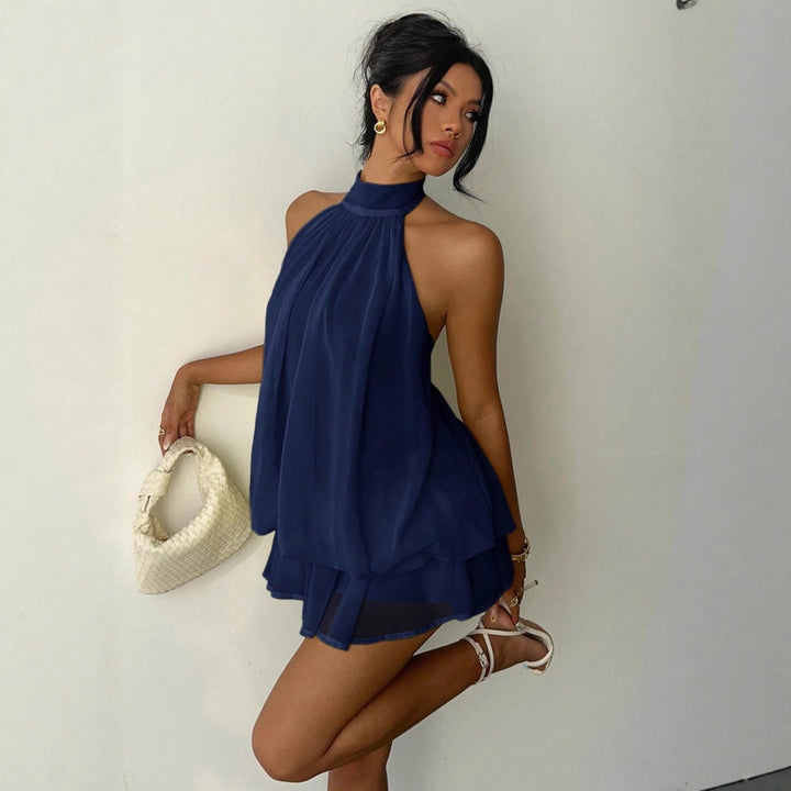 Damen Ärmelloser Chiffon-Playsuit mit hohem Stehkragen, gerafftem Oberteil und Stufen-Shorts Drune