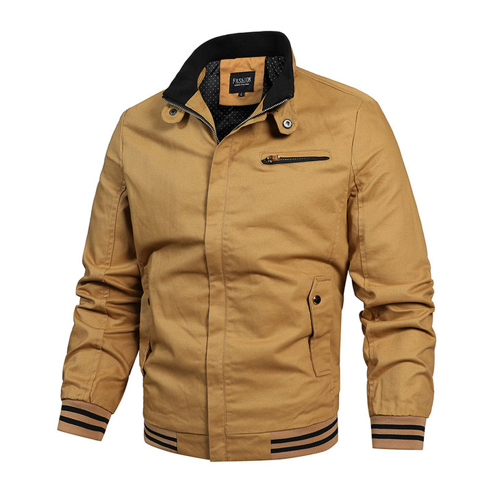 Herren nan moderne Canvas-Bomberjacke im Varsity-Stil mit gestreiften Rippbündchen und verdeckter Frontleiste Drune
