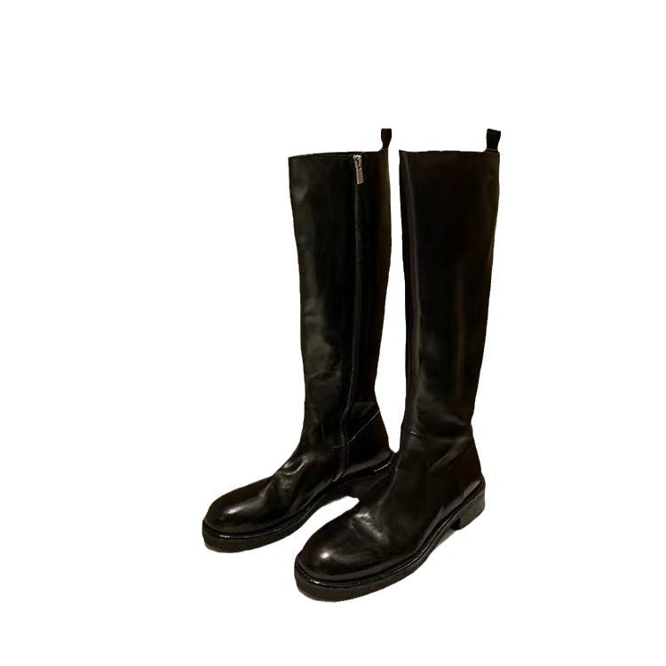 Damen Kniehohe Glattleder-Stiefel mit verdecktem Reißverschluss und stoßdämpfender Laufsohle Drune