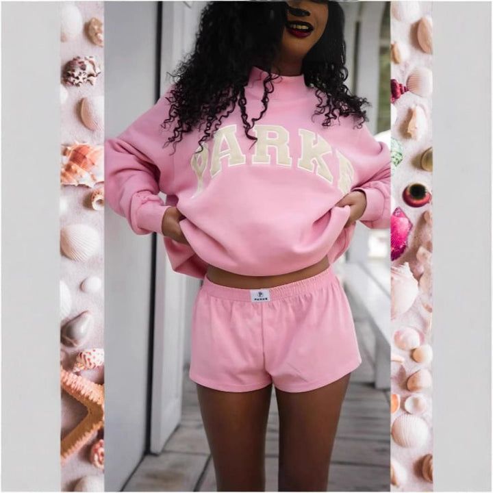 Damen Gemütliches Freizeit-Set mit Oversize kurz geschnittenem Sweatshirt und elastischen Baumwoll-Shorts Drune