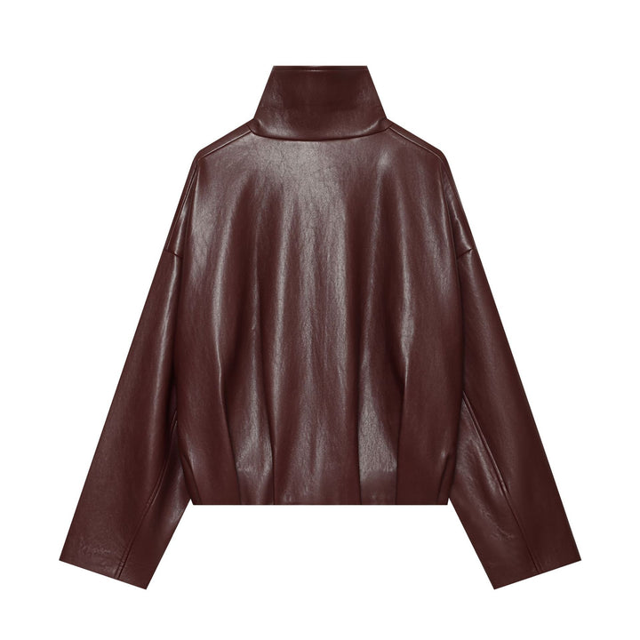 Damen Cropped Kunstlederjacke mit hohem Funnelkragen und durchgehendem Reißverschluss Drune