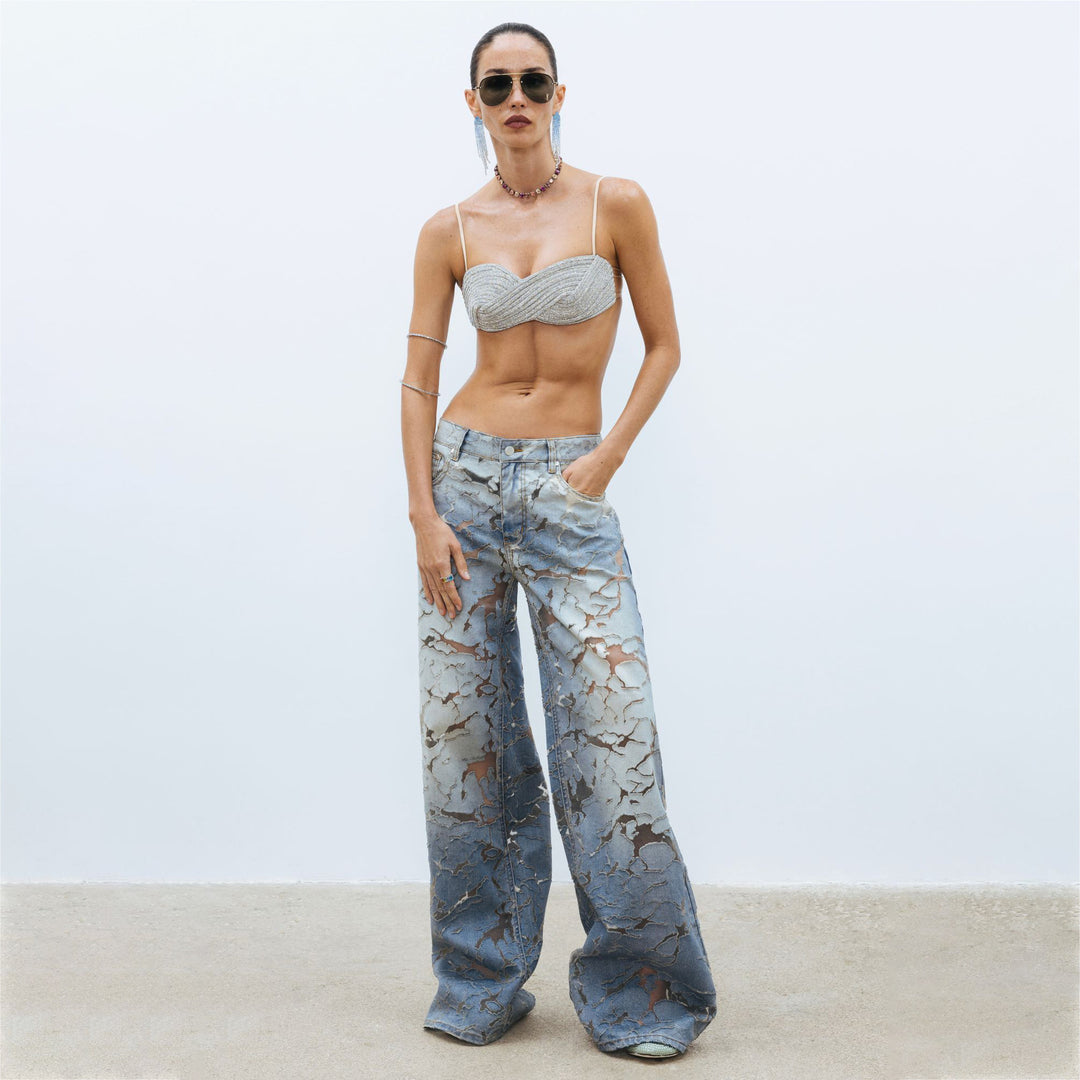 Damen Weit geschnittene Denim-Jeans mit einzigartigen Used-Details Drune