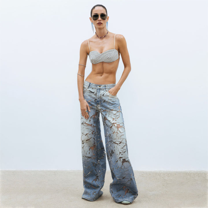 Damen Weit geschnittene Denim-Jeans mit einzigartigen Used-Details Drune