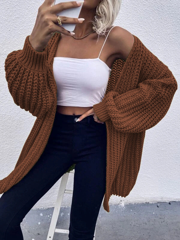Damen Grobstrick-Cardigan mit voluminösen Ärmeln und offener Vorderseite Drune
