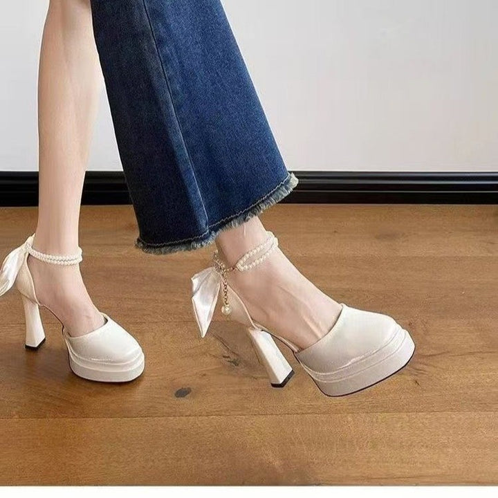 Damen Satin-Plateau-Pumps mit dekorativer Schleife und verstellbarem Knöchelriemen Drune