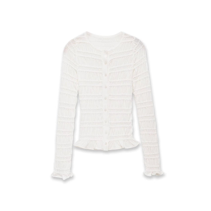 Damen Gesmoktes Feinstrick-Cardigan mit Rüschenabschluss und Knopfleiste Drune