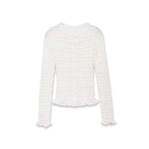 Damen Gesmoktes Feinstrick-Cardigan mit Rüschenabschluss und Knopfleiste Drune