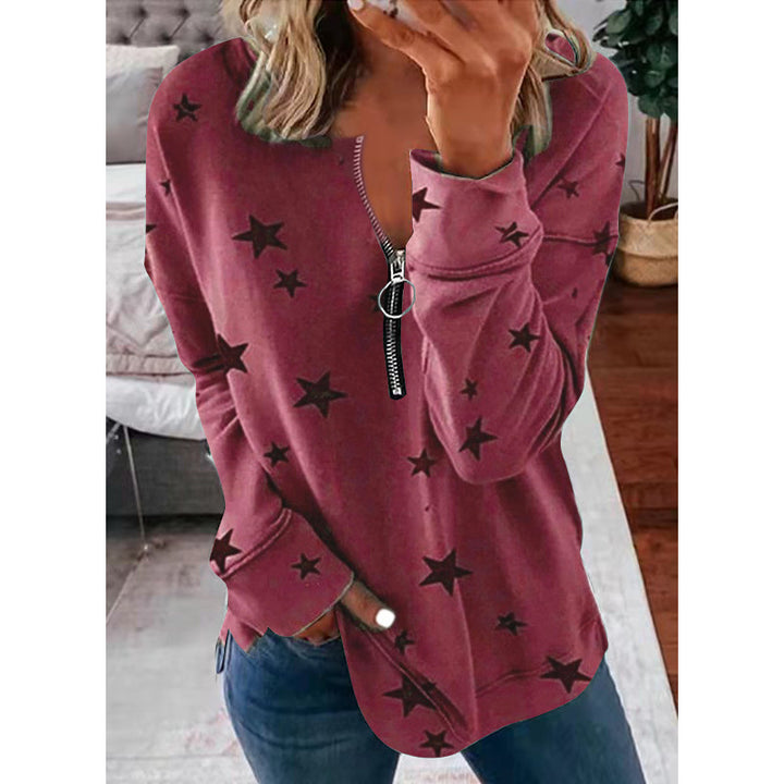 Damen Lässiger Sweatshirt mit Reißverschluss und Sternenmotiv Drune