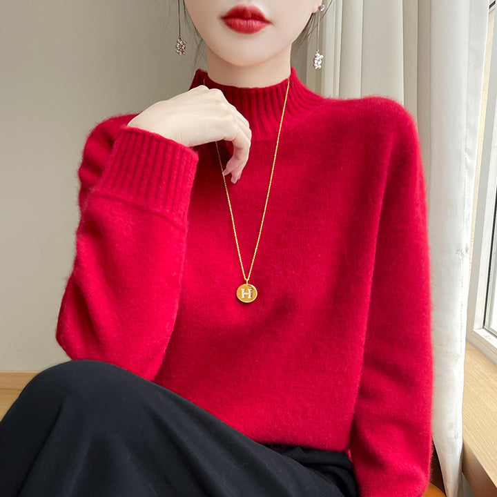 Damen Luxusweicher Midweight-Mockneckpullover aus Angora‑Optik mit feiner Rippe und entspannter Silhouette Drune